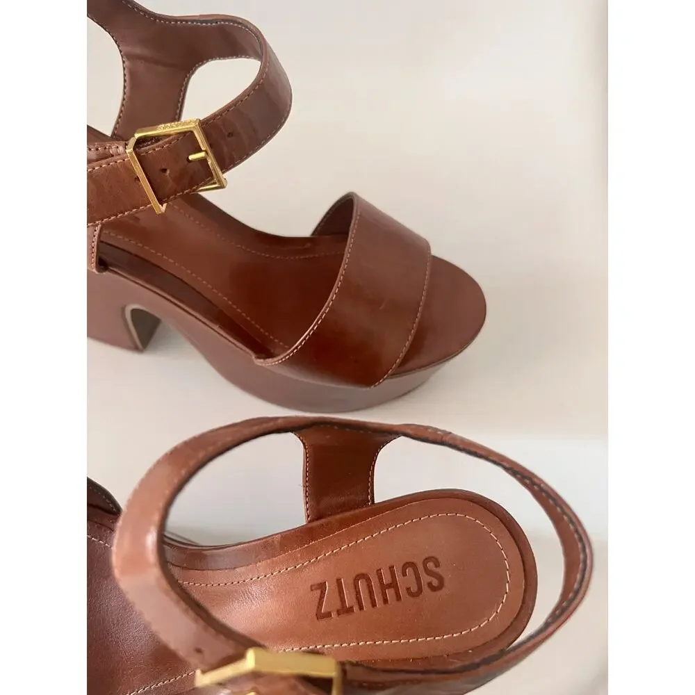 Schutz Tuke Platform Sandals Womens US 5.5 Cognac Brown Leather Chunky Heel NWOB
